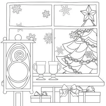 Xmas theme poster with christmas tree, star, garland light, snowflakes, presents Stock Illustration