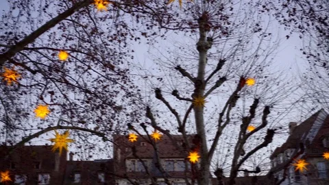 Xmas time in small city, panoramic view on decorative stars on branches of trees Stock Footage 122072180