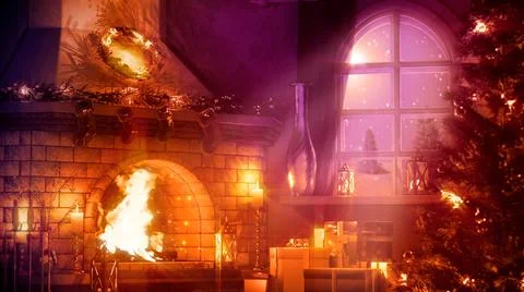Xmas tree and fireplace with flames lighting - cgi object 3D rendering イラスト素材