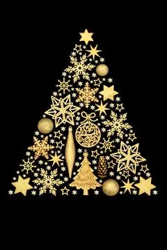 Xmas Tree Concept Shape with Gold Bauble Glitter Decorations Stock Photos