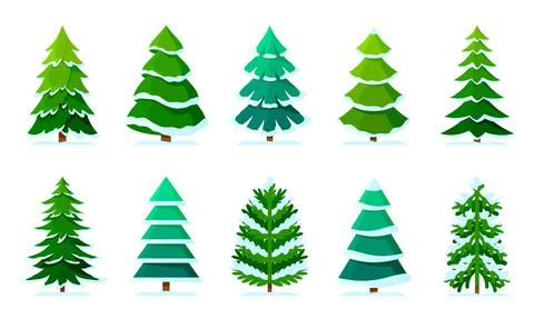 Xmas tree snow winter forest green cartoon set Stock Illustration