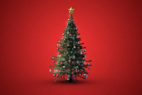 Xmas tree is standing with lights, silver garlands baubles snowflakes topping Stock Illustration