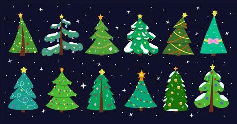 Xmas trees, cute ornament patterns. Holiday winter decorative elements, snow Stock Illustration