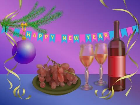 Xmas vector concept illustration - red wine bottle with glasses and grapes Stock Illustration