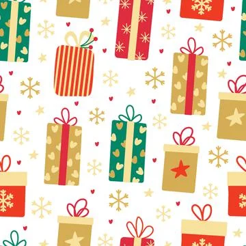 Xmas vector seamless pattern with colorful gift boxes on white. Stock Illustration