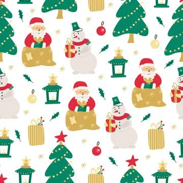 Xmas vector seamless pattern with  Santa with bag, snowman,  gift boxes, lant イラスト素材