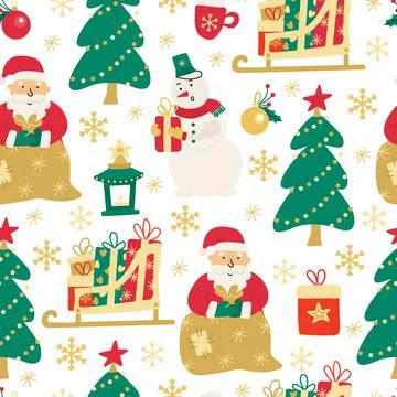 Xmas vector seamless pattern with  Santa, snowmen, sleds with gift boxes and  Stock Illustration