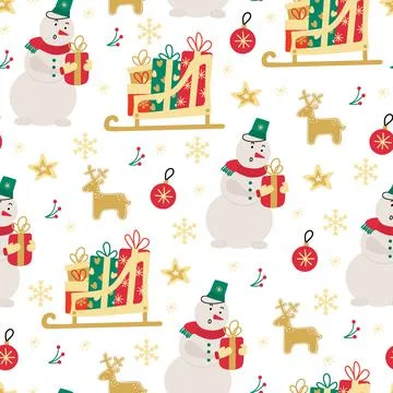 Xmas vector seamless pattern with  snowman, Santa's sleigh with gifts,  Chris Stock Illustration