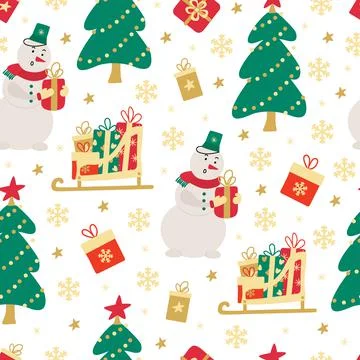 Xmas vector seamless pattern with  snowmen, snowflakes, Santa's sleigh. Stock Illustration