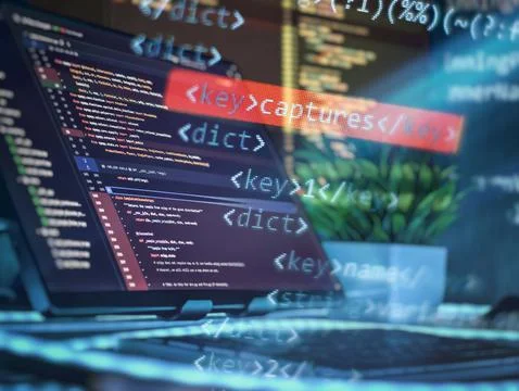 XML code overlay on programming workspace 库存照片