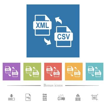 XML CSV file conversion flat white icons in square backgrounds Stock Illustration