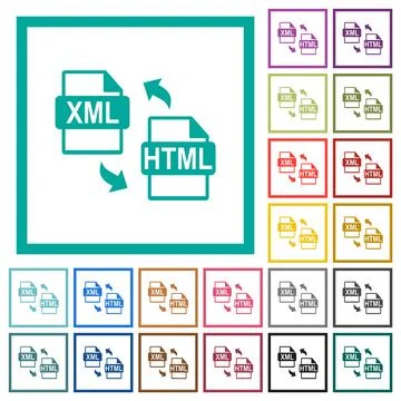XML HTML file conversion flat color icons with quadrant frames Stock Illustration