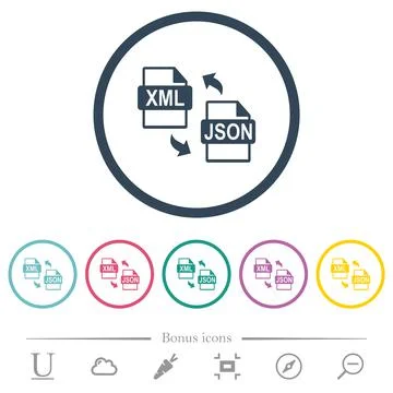 XML JSON file conversion flat color icons in round outlines Illustrazione stock
