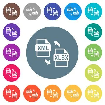 XML XLSX file conversion flat white icons on round color backgrounds 库存插图