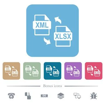 XML XLSX file conversion flat icons on color rounded square backgrounds 스톡 일러스트
