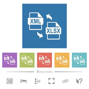 XML XLSX file conversion flat white icons in square backgrounds Stock Illustration