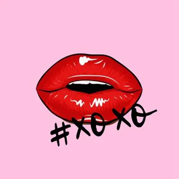#xoxo text with red lips - lovely greeting card phrase for Valentine day. Illustrazione stock