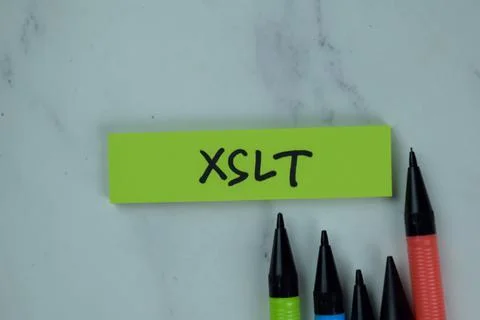 XSLT write on sticky notes isolated on Wooden Table. 스톡 사진
