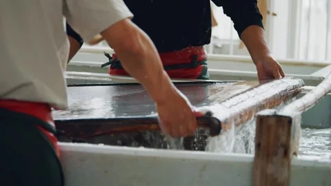 Xuan Paper Making - Sheet Forming on Bamboo Mould Video stock 339083838
