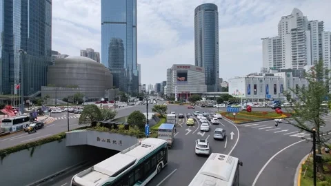 Xujiahui traffic, tunnel, intersection and modern buildings Shanghai skyline 4k Stock Footage 249927863