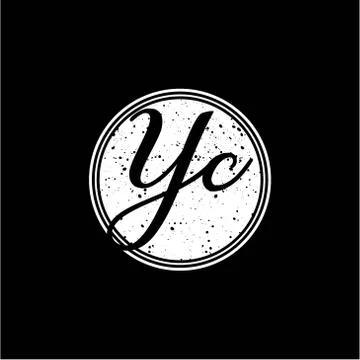 Y C Initial Handwriting In Black and White Circle Frame Design 스톡 일러스트