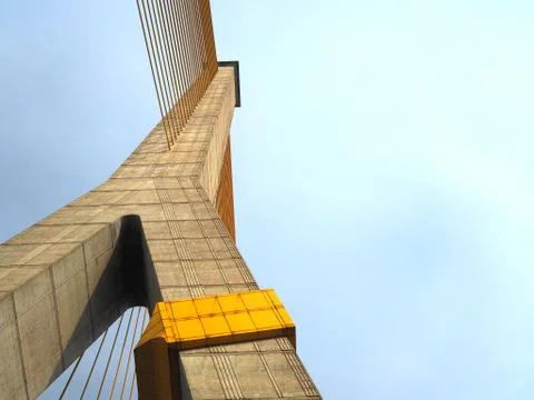 Y fork shape cement column of suspension bridge, with blue sky 库存照片