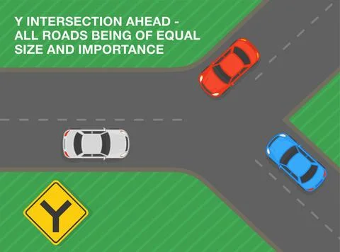 Y intersection, all roads being of equal size and importance. Road sign meaning Stock Illustration