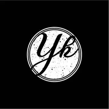 Y K Initial Handwriting In Black and White Circle Frame Design Stock Illustration