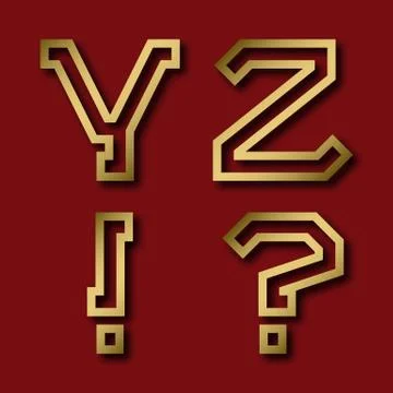 Y, Z gold angular letters, exclamation and question marks with shadow. Stock Illustration