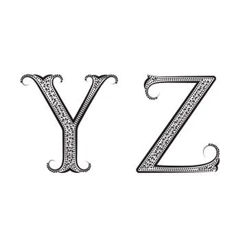 Y, Z vintage patterned letters. Font in floral baroque style. Stock Illustration