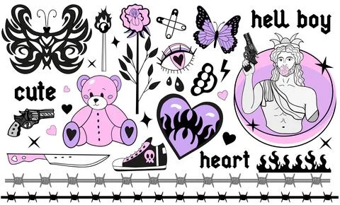 Y2k 2000s cute emo goth aesthetic stickers, tattoo art elements and slogan Stock Illustration