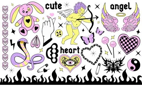 Y2k 2000s cute emo goth aesthetic stickers, tattoo art elements and slogan Stock Illustration