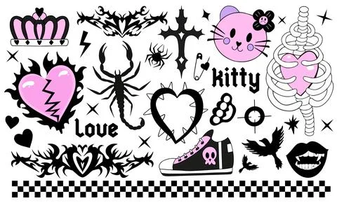 Y2k 2000s cute emo goth aesthetic stickers, tattoo art elements and slogan Stock Illustration