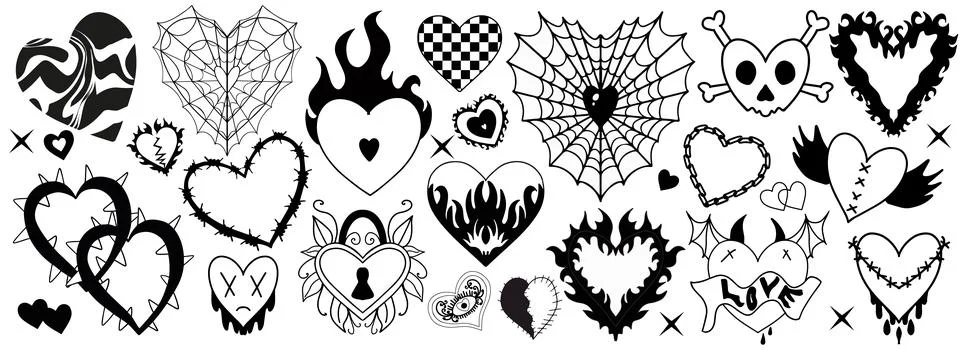 Y2k 2000s cute emo goth hearts stickers, tattoo art elements . Vintage black Stockillustratie