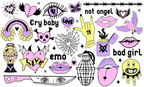 Y2k 2000s cute emo goth aesthetic stickers, tattoo art elements and slogan Illustrazione stock