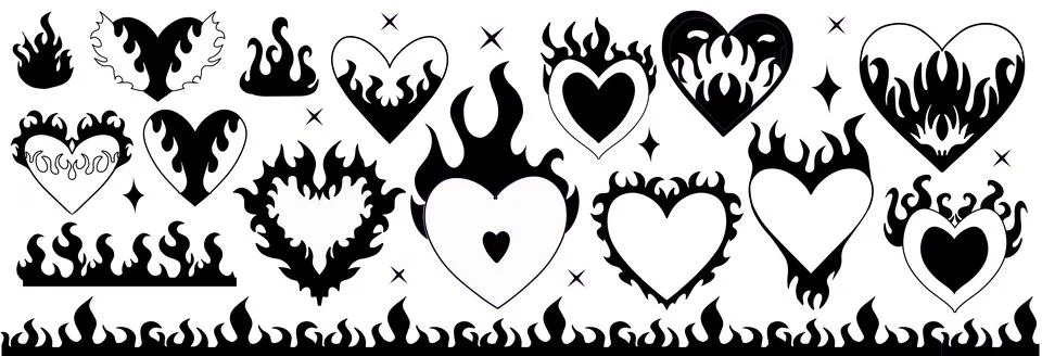Y2k 2000s cute emo goth burning hearts stickers, tattoo art elements . Burn fire Stock Illustration