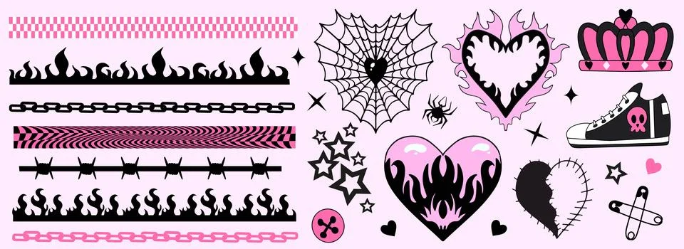 Y2k 2000s cute emo goth aesthetic stickers, tattoo art elements, borders Stock Illustration