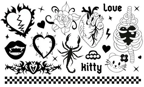 Y2k 2000s cute emo goth aesthetic stickers, tattoo art elements and slogan Stock Illustration