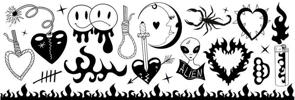 Y2k 2000s cute emo goth aesthetic stickers, tattoo art elements and slogan Stock Illustration