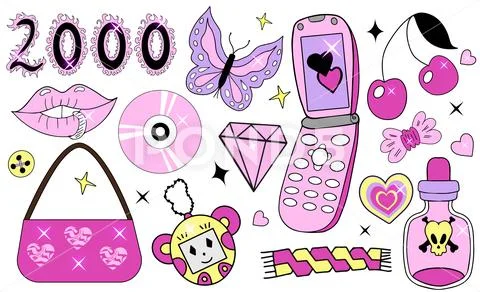 Y2k 2000s Glamorous set. 90s and 2000s style. Nostalgia 00s collection pink  with Illustration #251018592