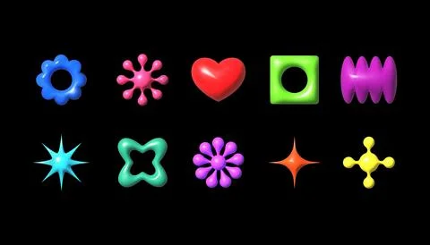 Y2k 3d elements. Inflatable flower sticker. Plastic balloon figure shape or Illustrazione stock