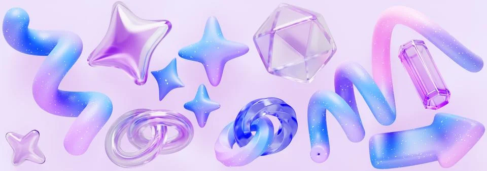 Y2k aesthetic element 3d set with holographic gradient. Glass and plastic shapes Stock-Illustration