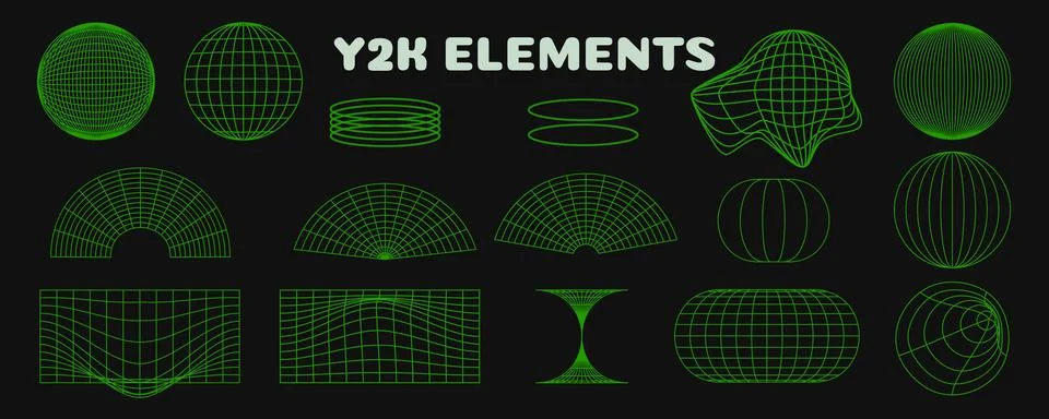 Y2K aesthetic green wireframe elements set for retro futuristic graphic design 库存插图
