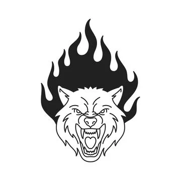 Y2k angry roaring wolf with burning flame gothic black tattoo outline icon ve Stock Illustration