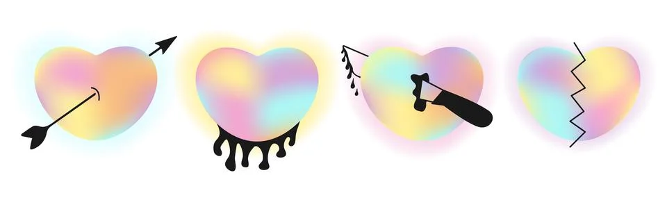 Y2k blurred gradient broken hearts, arrow blood. Love hurts. Retro groovy s.. Stock Illustration
