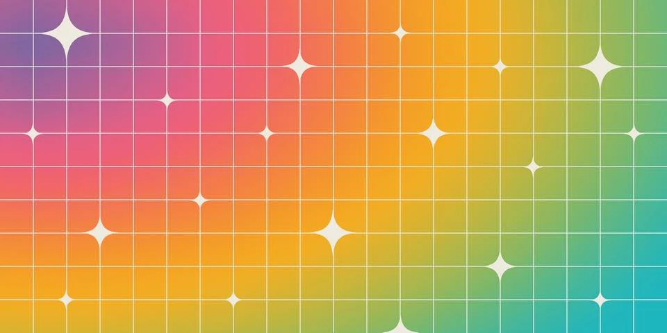Y2K blurry rainbow gradient background with linear grid and star shapes. Cool Stock Illustration