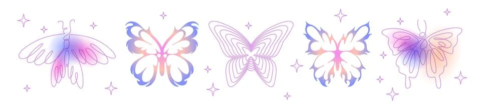 Y2k butterfly set with gradient rainbow wings Stock Illustration