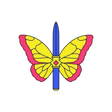 Y2k butterfly sword warrior sharp weapon cartoon element groovy style icon .. Stock Illustration
