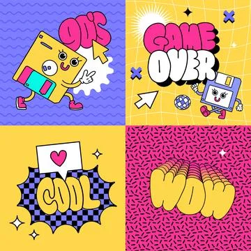 Y2K cards set with geometric distorted elements and retro floppy disk characters Illustrazione stock