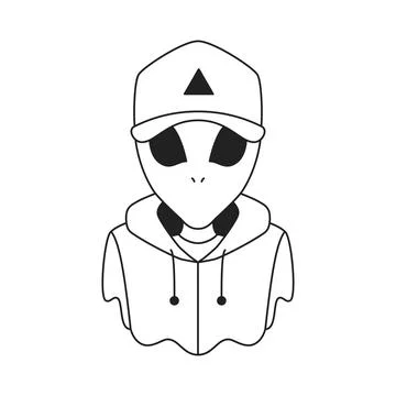 Y2k comic alien in cap and hoodie portrait psychedelic outline icon vector fl Stock Illustration